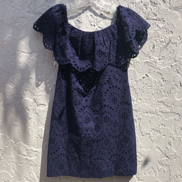 CYNTHIA STEFFE Blue Eyelett Off Shoulder Dress 0 - Picture 4 of 13